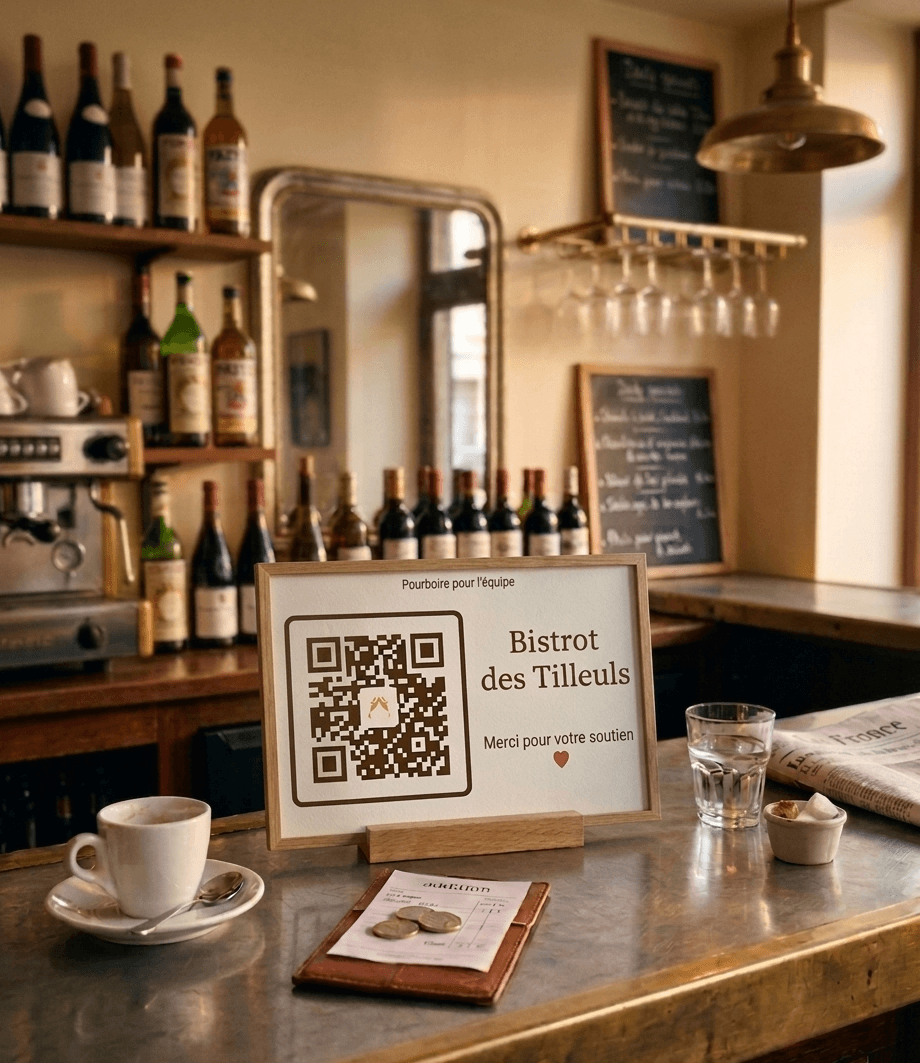 Carte QR KissKash sur le comptoir d'un bistrot